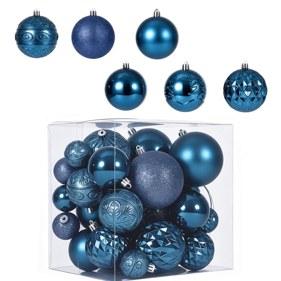 Shatterproof Christmas Ball Ornaments - Plastic Xmas Tree Baubles with Assorted Designs, Lightweight Shatter-Resistant Hanging Decor for Holiday Decorating - Navy Blue