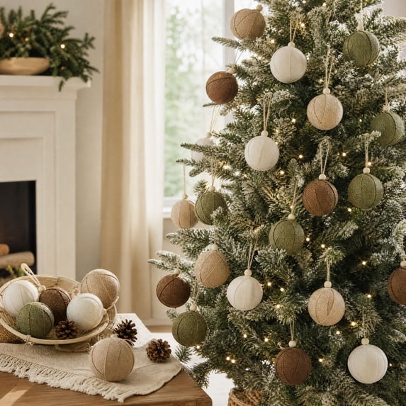 Shatterproof Christmas Ornaments, Vintage Ball Ornaments Set of 9 with Jute String Hangers Multicolor Plaid and Distressed Tree Baubles for Farmhouse Holiday Decor