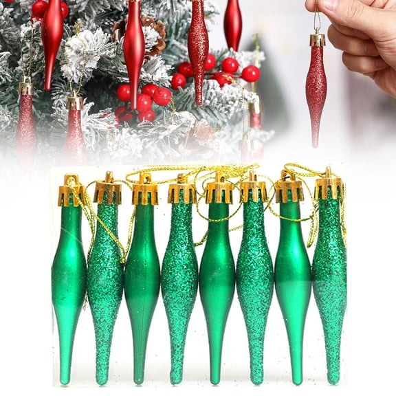 Shatterproof Drop Christmas Ornaments, 3.54 In (9cm) 8 Pack Green Teardrop Finial Baubles, Plastic Matte Glitter Pendants for Holiday Tree Branch Decor, bldnkj
