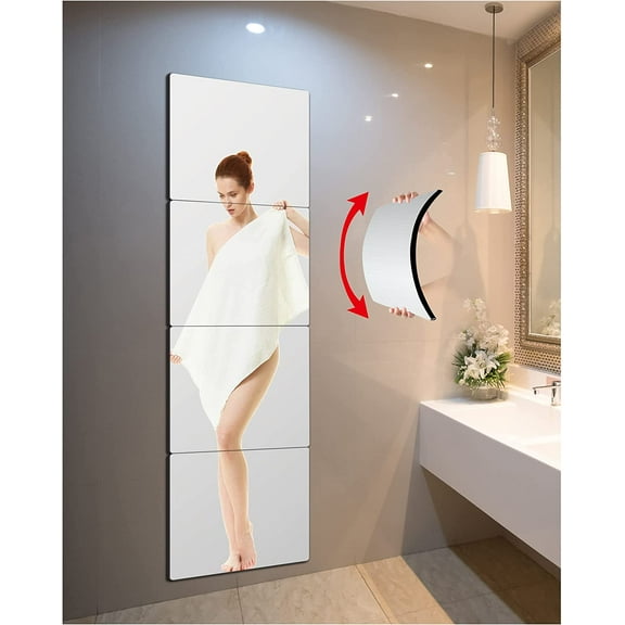 Shatterproof Full Length Mirror Tiles,Mirror for Wall,Full Body Mirror for Kids,Extra Thick 0.125",4Pcs 14"x14",Made of Frameless Plexiglass Acrylic Plastic,Wall Mounted for Home Gym,Bathroom,Door