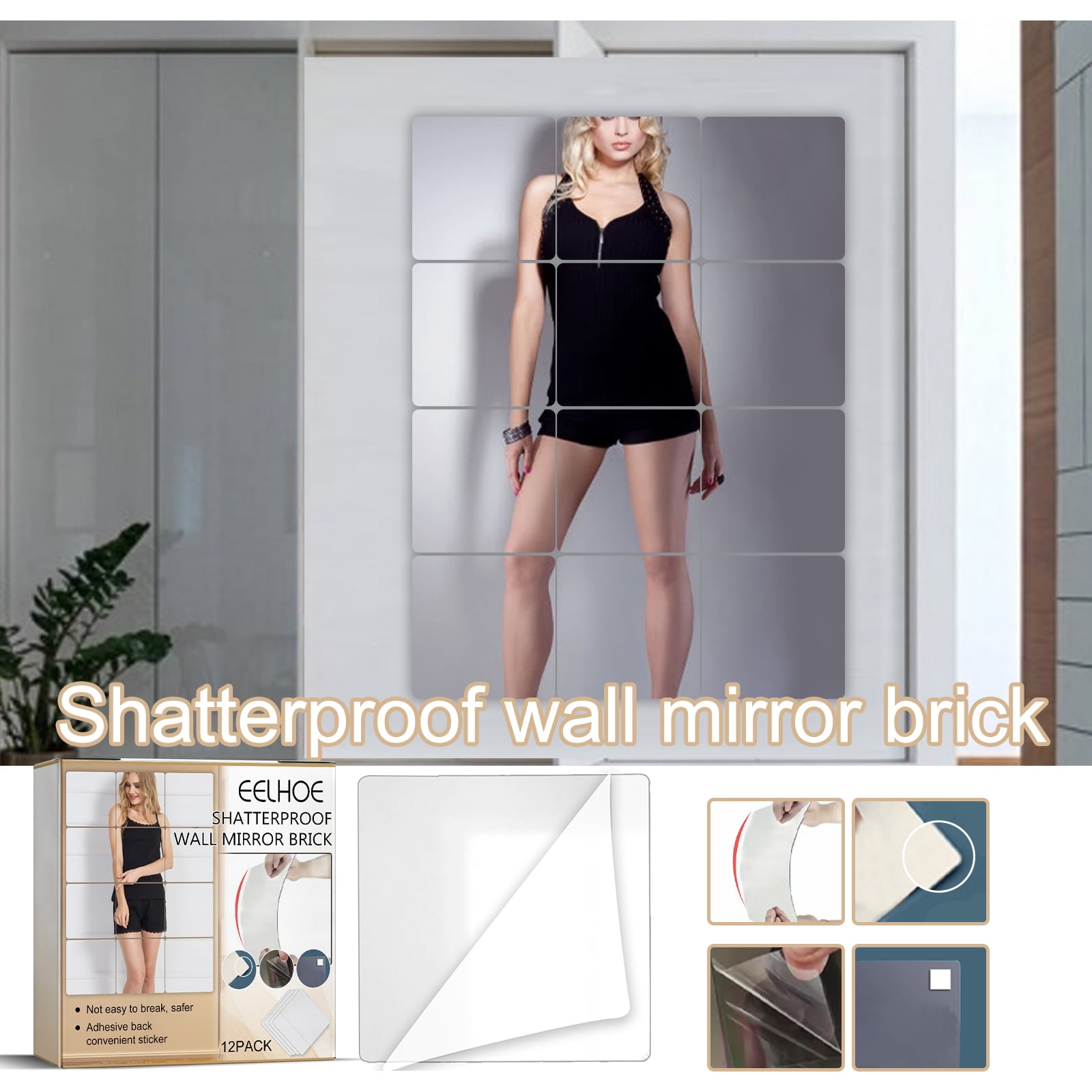 Unbreakable Full Length Mirror Wall Tiles,Shatterproof Plexiglass Full Body  Mirror,Extra Thick1/8,12x12x4Pcs,Closet Mirrors for Bedroom,Gym Mirrors