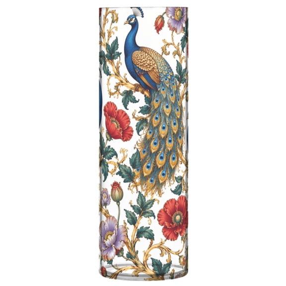 Shatterproof Plastic Vase 11.8" Tall Cylinder Vase for Fresh Flowers Home Decor Blue Peacocks in Various Poses