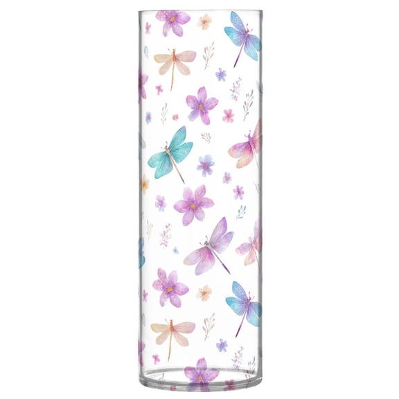 Shatterproof Plastic Vase 11.8" Tall Cylinder Vase for Fresh Flowers Home Decor Butterfly and Dragonfly Pattern