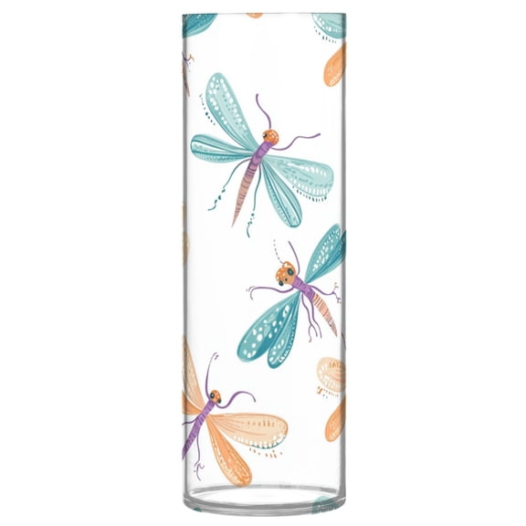 Shatterproof Plastic Vase 11.8" Tall Cylinder Vase for Fresh Flowers Home Decor Cartoon Dragonflies Pattern