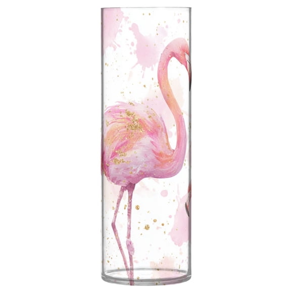 Shatterproof Plastic Vase 11.8" Tall Cylinder Vase for Fresh Flowers Home Decor Pink Flamingos with Golden Dot