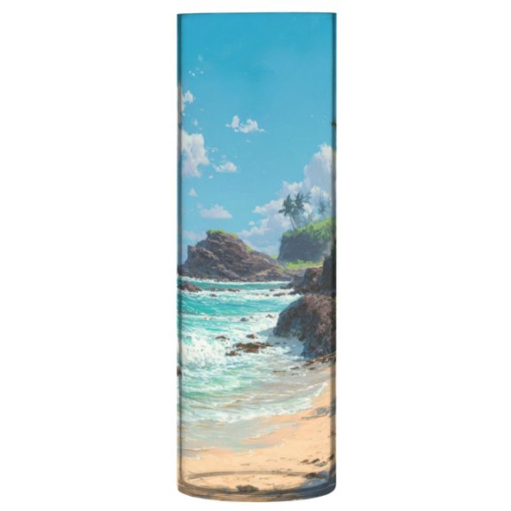 Shatterproof Plastic Vase 11.8" Tall Cylinder Vase for Fresh Flowers Home Decor Serene Beach Scene