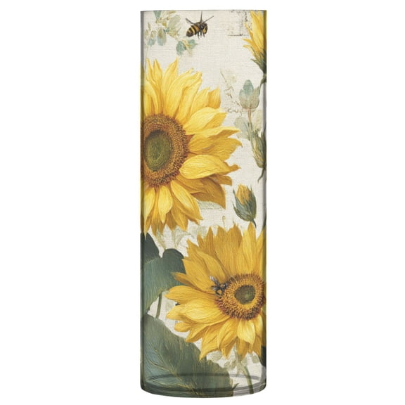 Shatterproof Plastic Vase 11.8" Tall Cylinder Vase for Fresh Flowers Home Decor Sunflower and Bee Pattern