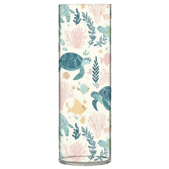 Shatterproof Plastic Vase 11.8" Tall Cylinder Vase for Fresh Flowers Home Decor Turtles and Sea Plants Pattern