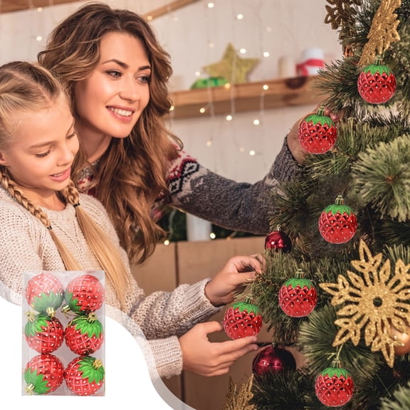 Shatterproof Strawberry Christmas Ball Set 6 Pack 2.36 Inch Red Plastic Tree Ornaments