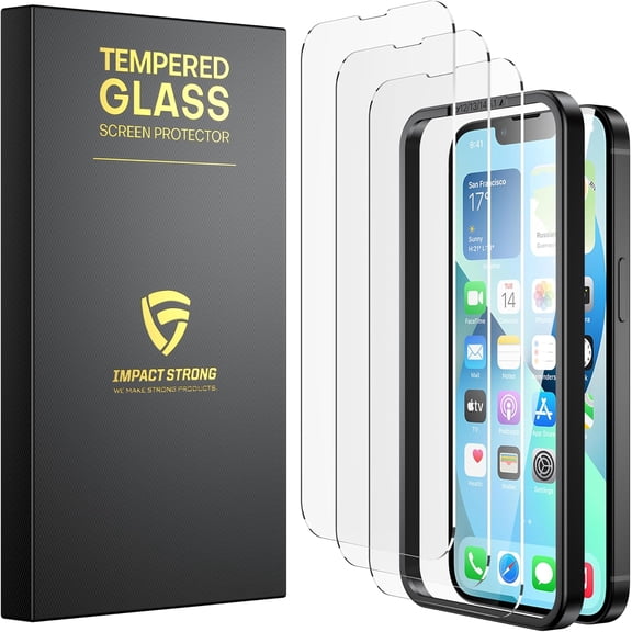 ImpactStrong Shatterproof Tempered Glass Screen Protector for iPhone 14 [Easy Installation Frame] [Bubble Free] [9H Hardness] [Full Coverage] Case Friendly, 6.1 Inch - (3-Pack)