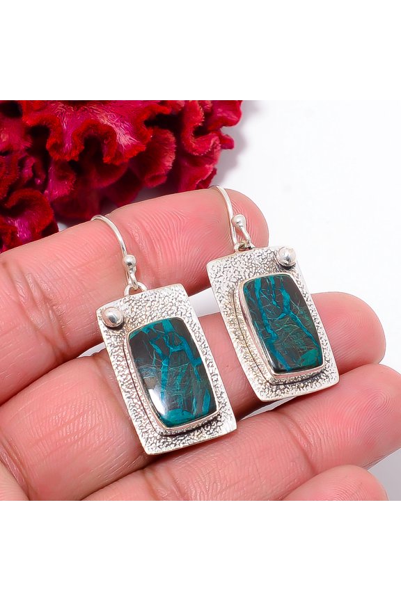 Shattuckite - Arizona 925 Sterling Silver Handmade Earring 1.6" E102718, Christmas Gift