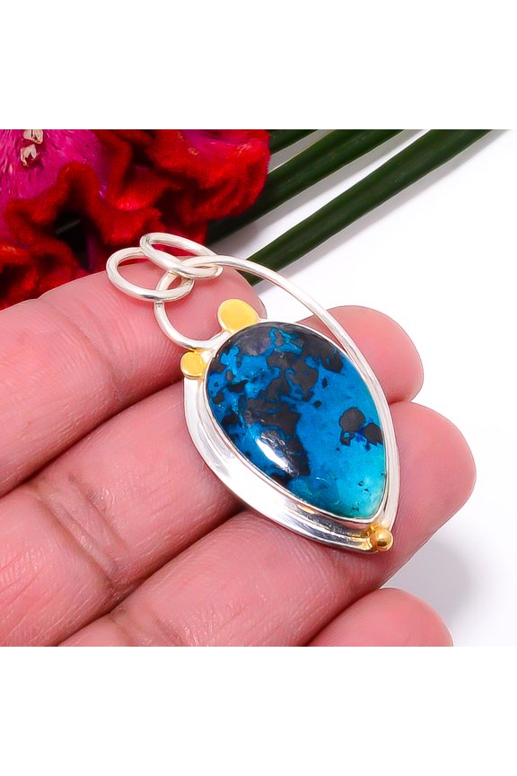 Shattuckite - Arizona 925 Sterling Silver Two Tone Designer Pendant 1.95" Sku6, Blue Pendant, Natural Gemstone Pendant