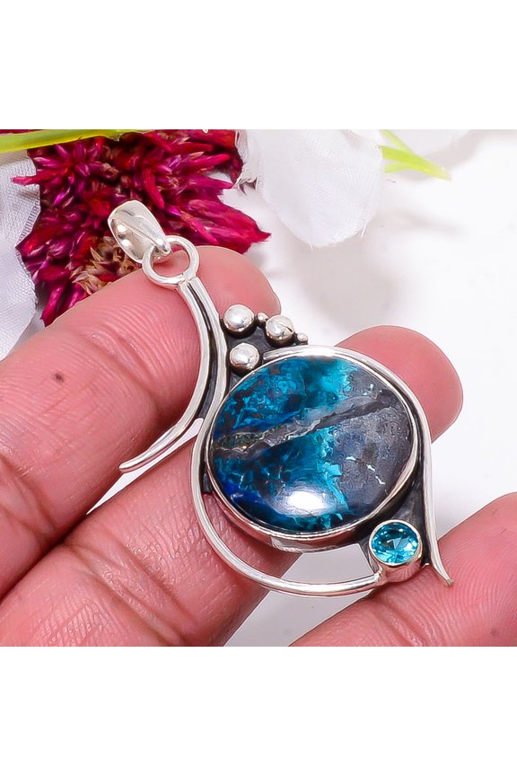 Shattuckite - Arizona & Blue Topaz Designer Handmade 925 Sterling Silver Pendant 2.34" Sku9, Blue Pendant, Natural Gemstone Pendant