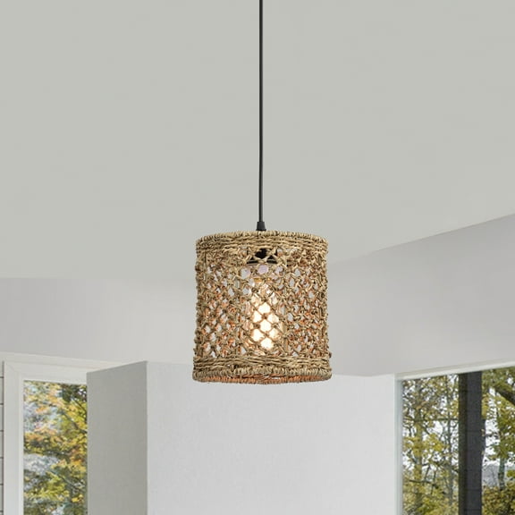 Shaun Dark Yellow 1-Light Rattan Drum Basket Pendant Light