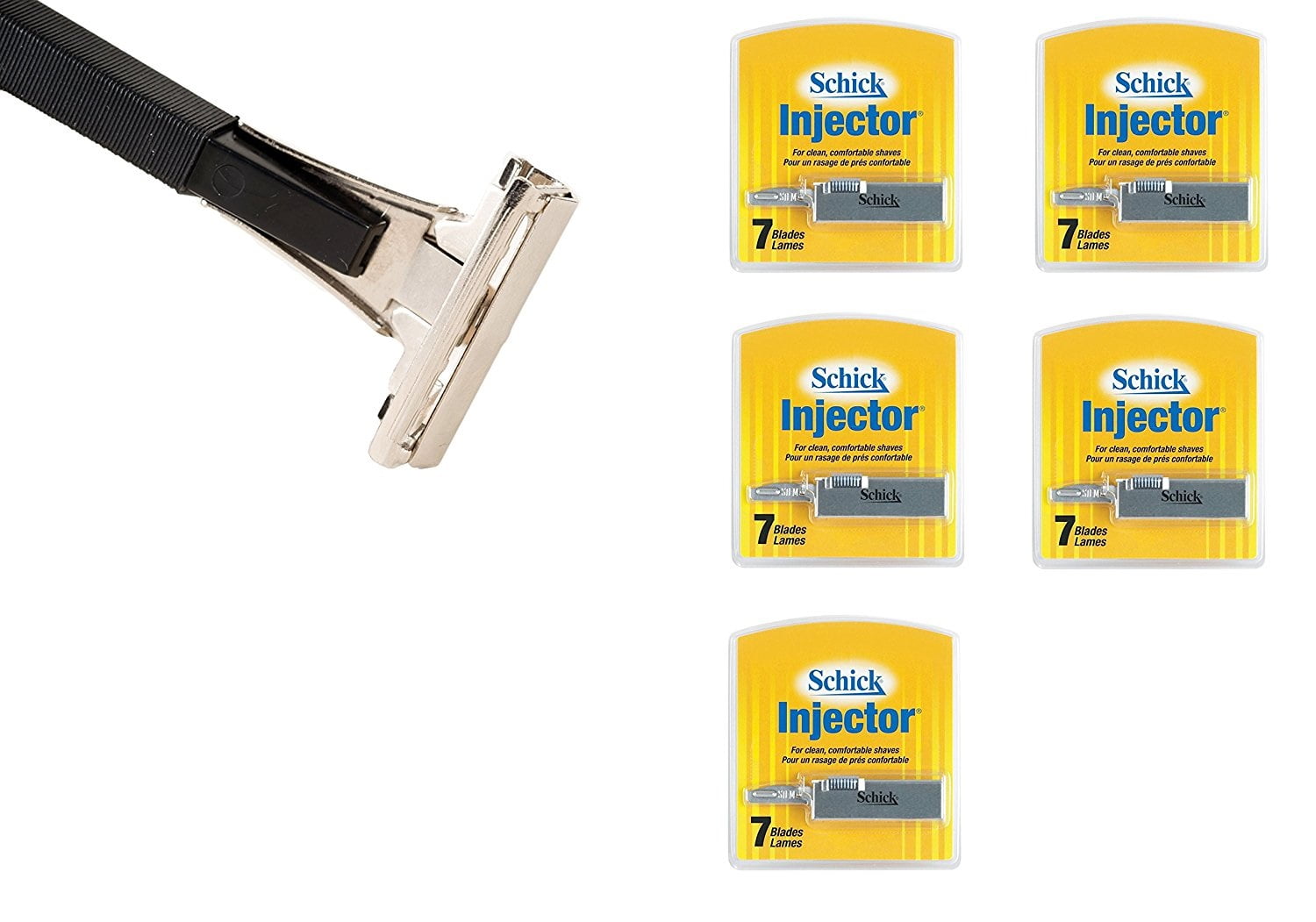 Shave Classic Single Edge Razor Handle with Schick Injector Refill Blades 7 Ct. (Pack of 5) + Facial Hair Remover Spring