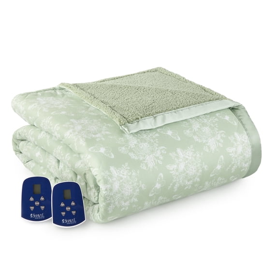 Shavel Home Products Micro Flannel® Reverse to Sherpa Electric Blanket, King, Toile Celadon