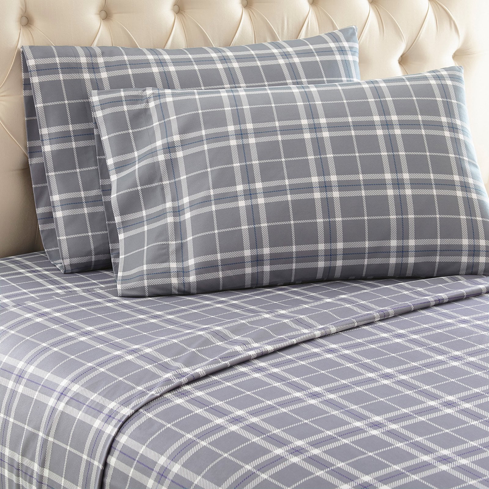 Twin Gray Plaid Cotton and Polyester Flannel Sheet Set