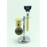 Shaving Gift Set 3 Pc with Faux Ivory 5 Blade Razor, Pure Badger Brush and Chrome Stand From GBS