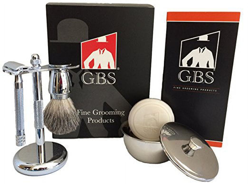 Shaving Gift Set with Merkur Safety Razor, Chrome Bowl with Lid, GBS Soap, Gb...