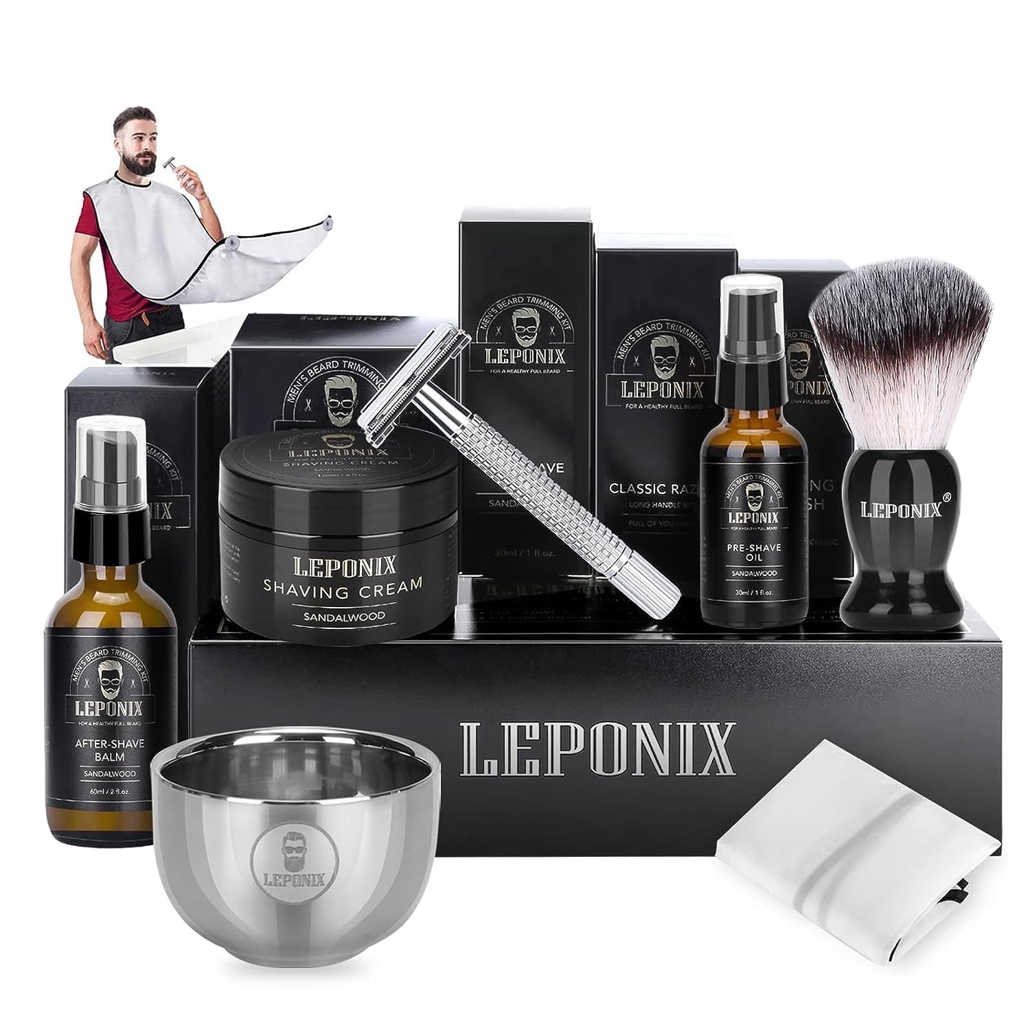 LEPONIX Shaving Kit for Men, Includes Safety Razor, Sandalwood Shaving Cream, Aftershave Balm, Pre Shave Oil, Shaving Brush and Bowl, Shaving Apron Bib