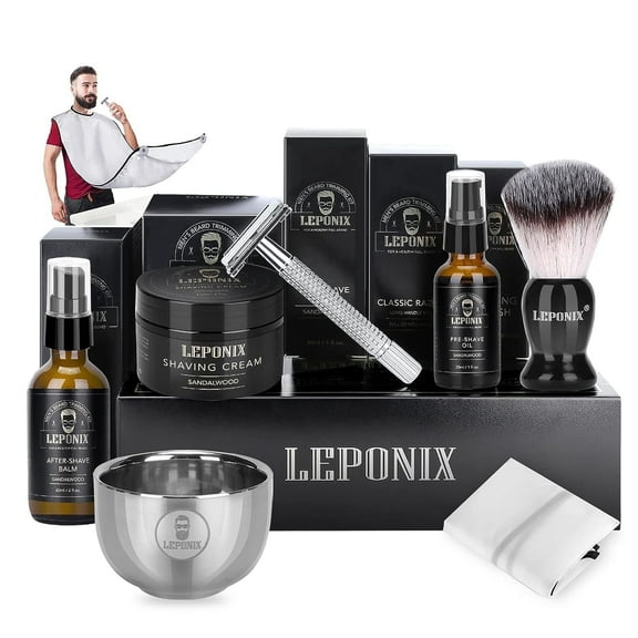 LEPONIX Shaving Kit for Men, Includes Safety Razor, Sandalwood Shaving Cream, Aftershave Balm, Pre Shave Oil, Shaving Brush and Bowl, Shaving Apron Bib