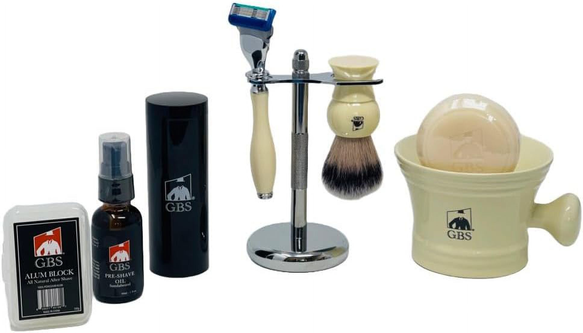 Shaving Set Five Blade Razor, Synthetic Brush And Razor Dual Stand, Ivory Shaving Mug With Shave
