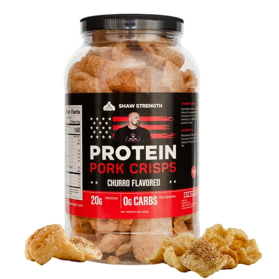 Shaw Strength Protein Pork Rinds (Churro, 8oz); Developed for Worlds Strongest Man Brian Shaw, Keto-Friendly, High Protein, No Carb, All-Natural Crisps Fried in Coconut Oil