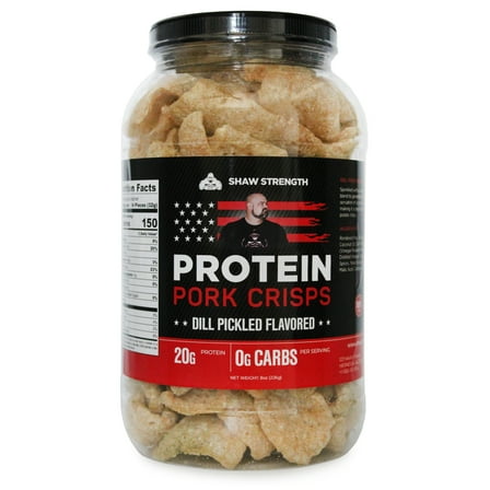 Shaw Strength Protein Pork Rinds (Dill Pickle, 8oz); Developed for World’s Strongest Man Brian Shaw, Keto-Friendly, High Protein, No Carb, All-Natural Crisps Fried in Coconut Oil