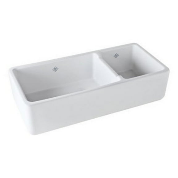 Shaw's Premium Seafood Lancaster Bowl And A Half 1 1/2 Bowl Plain Apron Front White Fireclay Kitchen Sink 39 1/2" X 18 1/2" X 10" Overall Depth
