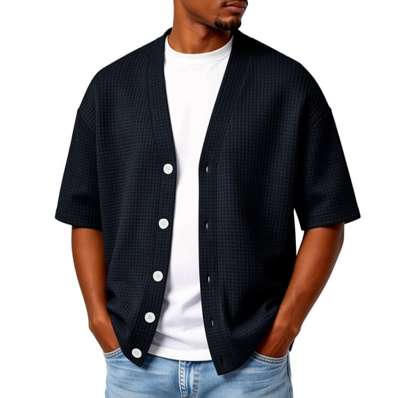 Shawl Collar Cardigan Sweaters for Men V Neck with Buttons Open Front Cardigan Textured Waffle Knit Short Sleeve Cardigans Relaxed Casual Classic Lightweight Plus Size Spring Outfits,Blue 3XL