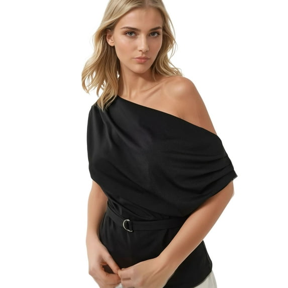 Shawl Collar Drapped Belted Top