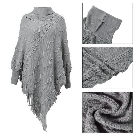 Shawl Collar Long Sleeve Womens Pullover Sweater Turtleneck Poncho Sweater with Fringes Hem for Women