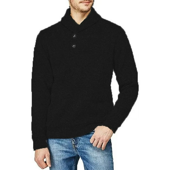 Shawl Collar Pullover Sweater Men Slim Fit Casual 2 Button Comfy Light Fleece Sweatshirt Knitted Dress Tops (L, Black)