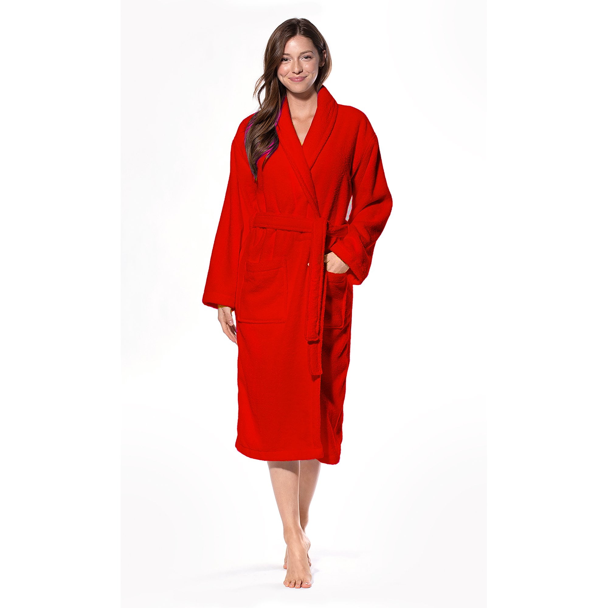 Shawl Collar Red Terrycloth Cotton Bathrobe for Women. One Size Adult