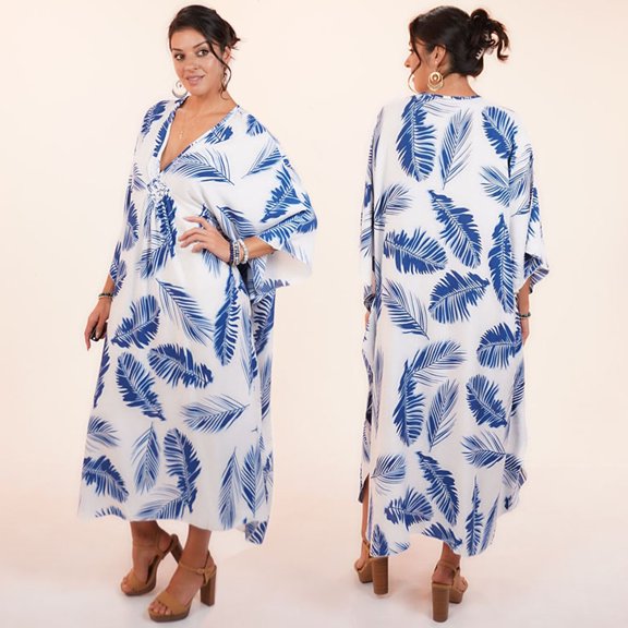 Shawl Dawls Women Cover-up V Neck Oversized Sleeve One Size Beach Kaftan Vacation Dress-BLUE PALM