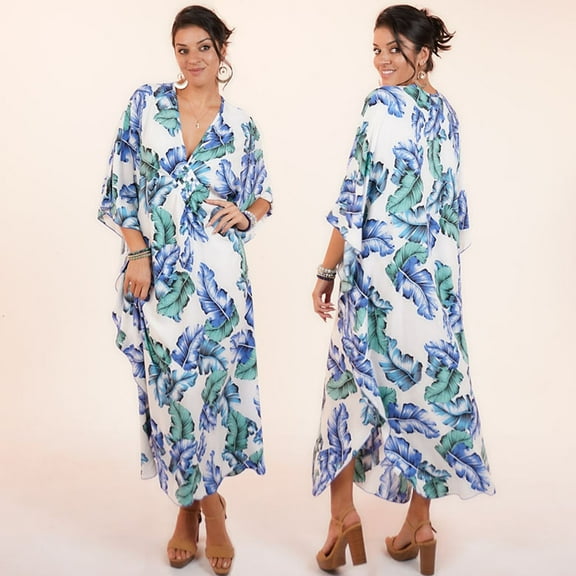 Shawl Dawls Women Polyester Cover-up V Neck One Size Beach Kaftan Vacation Dress- MULTI PALM