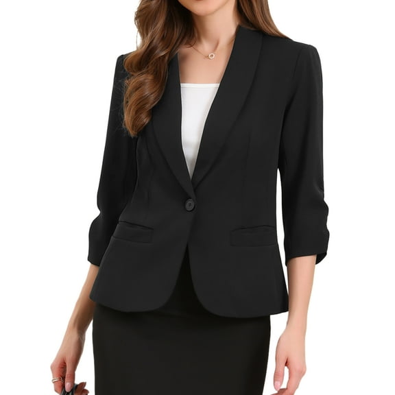 INSPIRE CHIC Shawl Lapel Blazer for Women 3/4 Sleeves Pocket Single Button Work Suit L Black