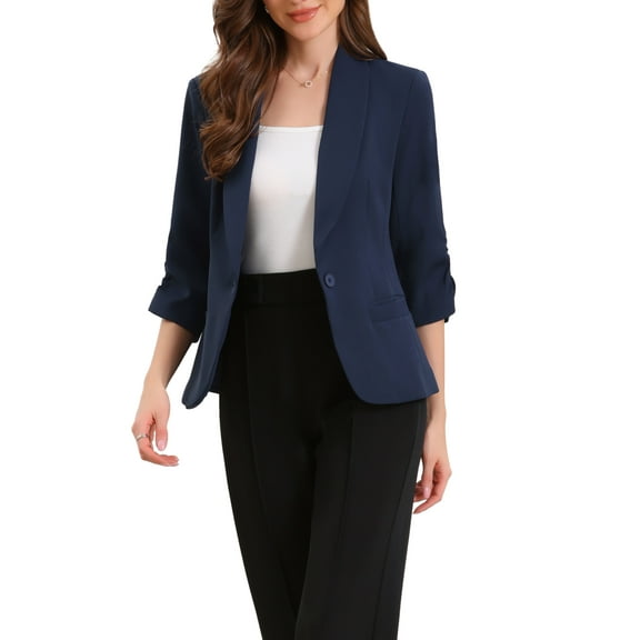 INSPIRE CHIC Shawl Lapel Blazer for Women 3/4 Sleeves Pocket Single Button Work Suit S Royal Blue