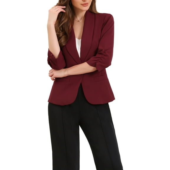 INSPIRE CHIC Shawl Lapel Blazer for Women 3/4 Sleeves Pocket Single Button Work Suit XS Burgundy