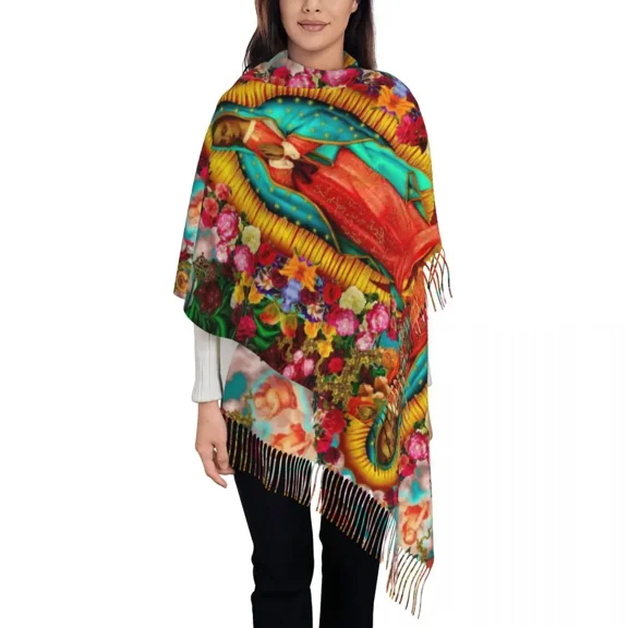 Shawl Wrap for Women Winter Warm Large Soft Scarf Our Lady of Guadalupe Christian Reversible Tassel Scarves