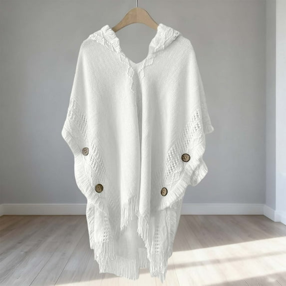 Shawl Wraps for Women,Bohemian Style Hooded Cape Shawl, Knit Tassel Poncho,Solid Color Winter Wrap,Warm and Casual Outerwear for Fall Winter(White)