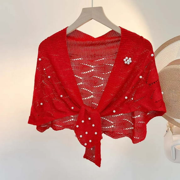Shawl Wraps for Women,Knitted Shawl with Wave Pattern and Pearl Shoulder Strap, Thin Autumn Small Cape, Lightweight Layering Piece for Dresses and Shirts(Red)