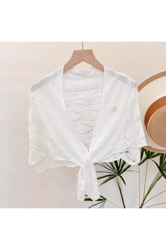 Shawl Wraps for Women,Knitted Shawl with Wave Pattern and Pearl Shoulder Strap, Thin Autumn Small Cape, Lightweight Layering Piece for Dresses and Shirts(White)