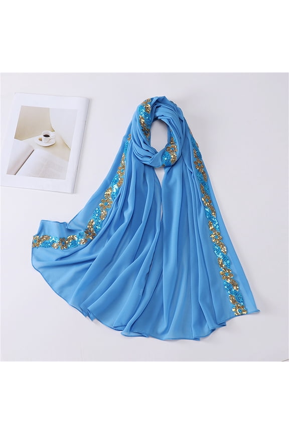 Shawl Wraps for Women AURORADY Pearl Chiffon Scarf Hijabs for Women Embroidery Sequins Decorative Wrap Headscarf Head Wrap Blue One Size Scarf