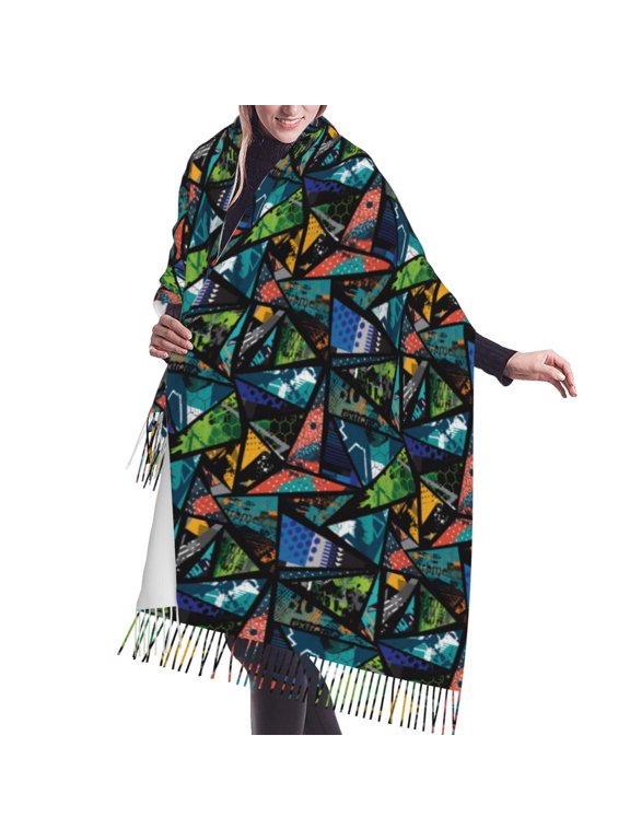 Shawl Wraps for Women - Abstract Geometric Collage Graphics Oversized Fall Winter Fashion Blanket Scarf for Women
