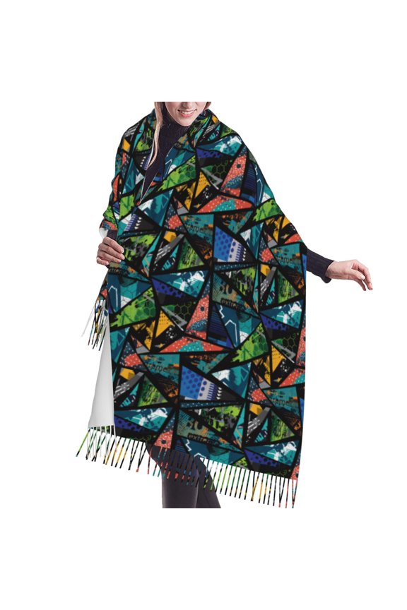 Shawl Wraps for Women - Abstract Geometric Collage Graphics Oversized Fall Winter Fashion Blanket Scarf for Women