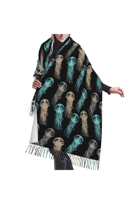 Shawl Wraps for Women - Abstract Jellyfish Print Black Oversized Fall Winter Fashion Blanket Scarf for Women