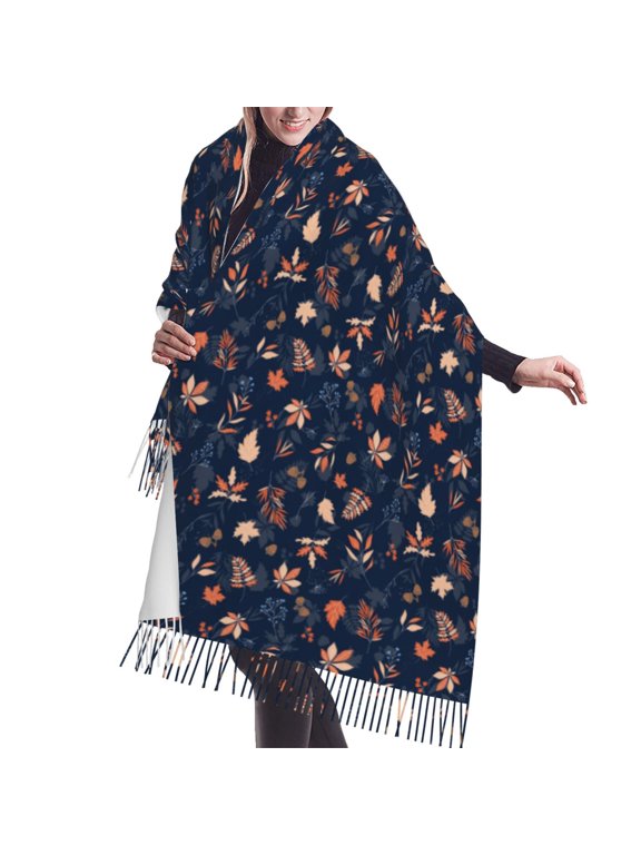 Shawl Wraps for Women - Autumn Leaves With Blue Oversized Fall Winter Fashion Blanket Scarf for Women