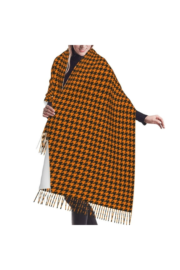Shawl Wraps for Women - Black And Orange Houndstooth Oversized Fall Winter Fashion Blanket Scarf for Women