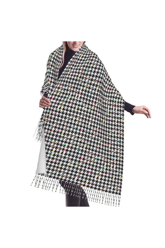 Shawl Wraps for Women - Black And White Houndstooth Oversized Fall Winter Fashion Blanket Scarf for Women